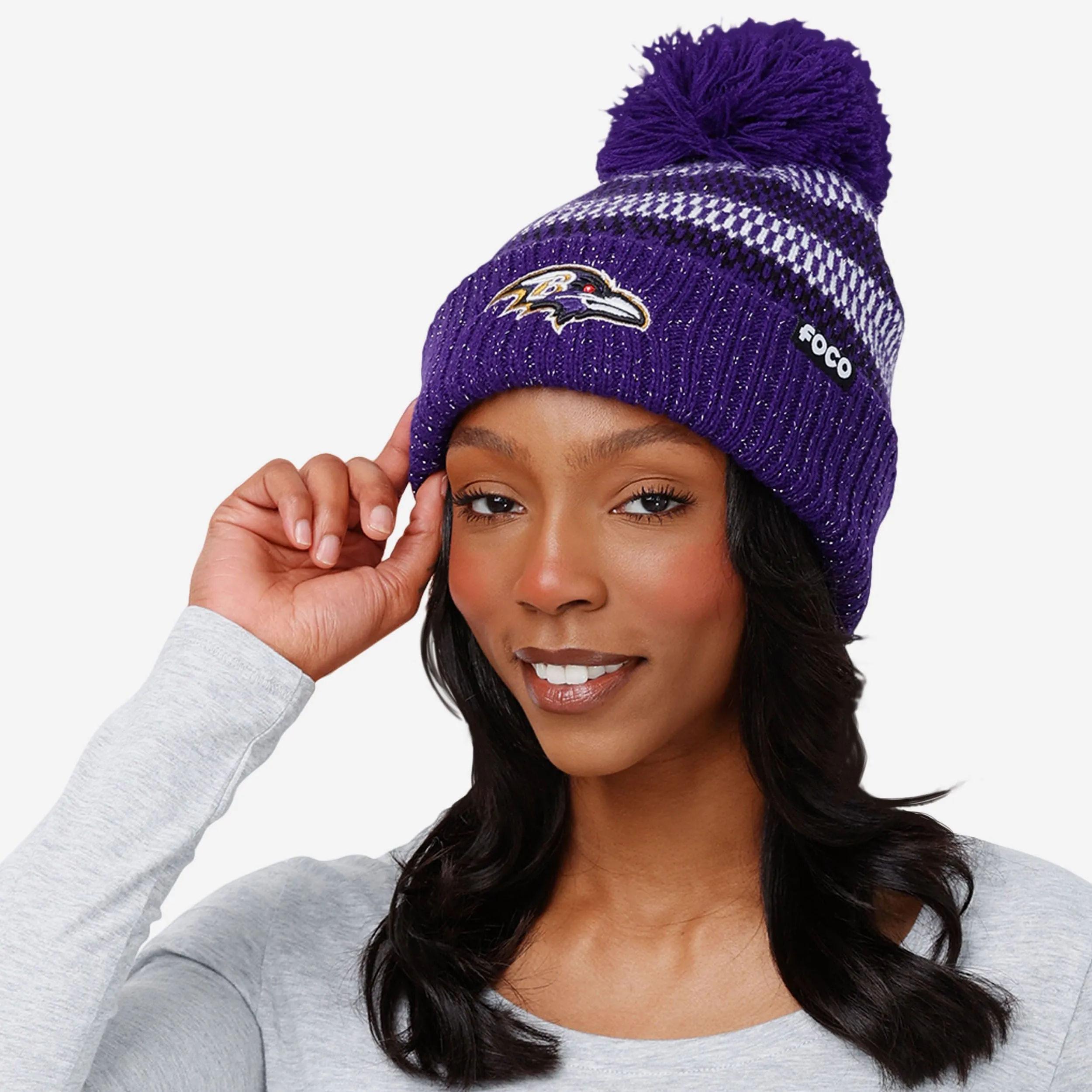 Baltimore Ravens Womens Cozy Knit Metallic Thread Pom Beanie