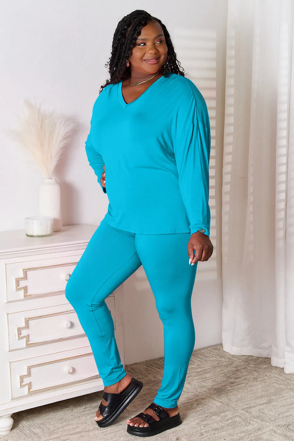 Basic Bae Full Size V-Neck Soft Rayon Long Sleeve Top and Pants Lounge Set