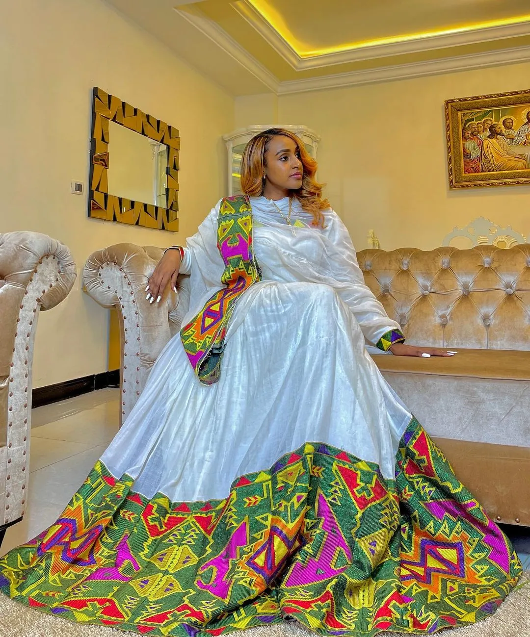 Beautiful Habesha Dress Colorful Pattern Ethiopian Traditional Dress