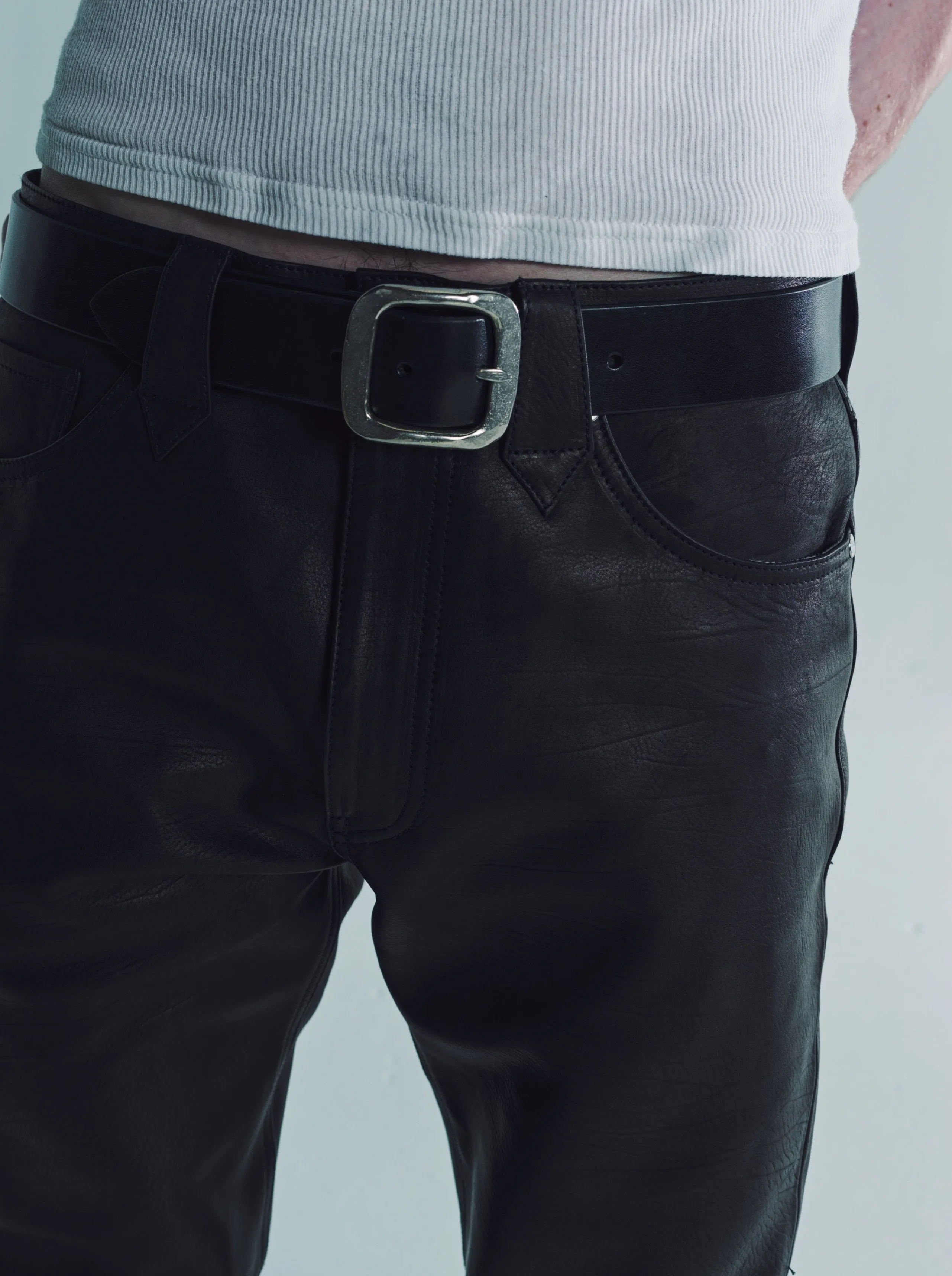 Black Baby Calf Leather 5 Pocket Tapered Pants