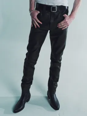 Black Baby Calf Leather 5 Pocket Tapered Pants