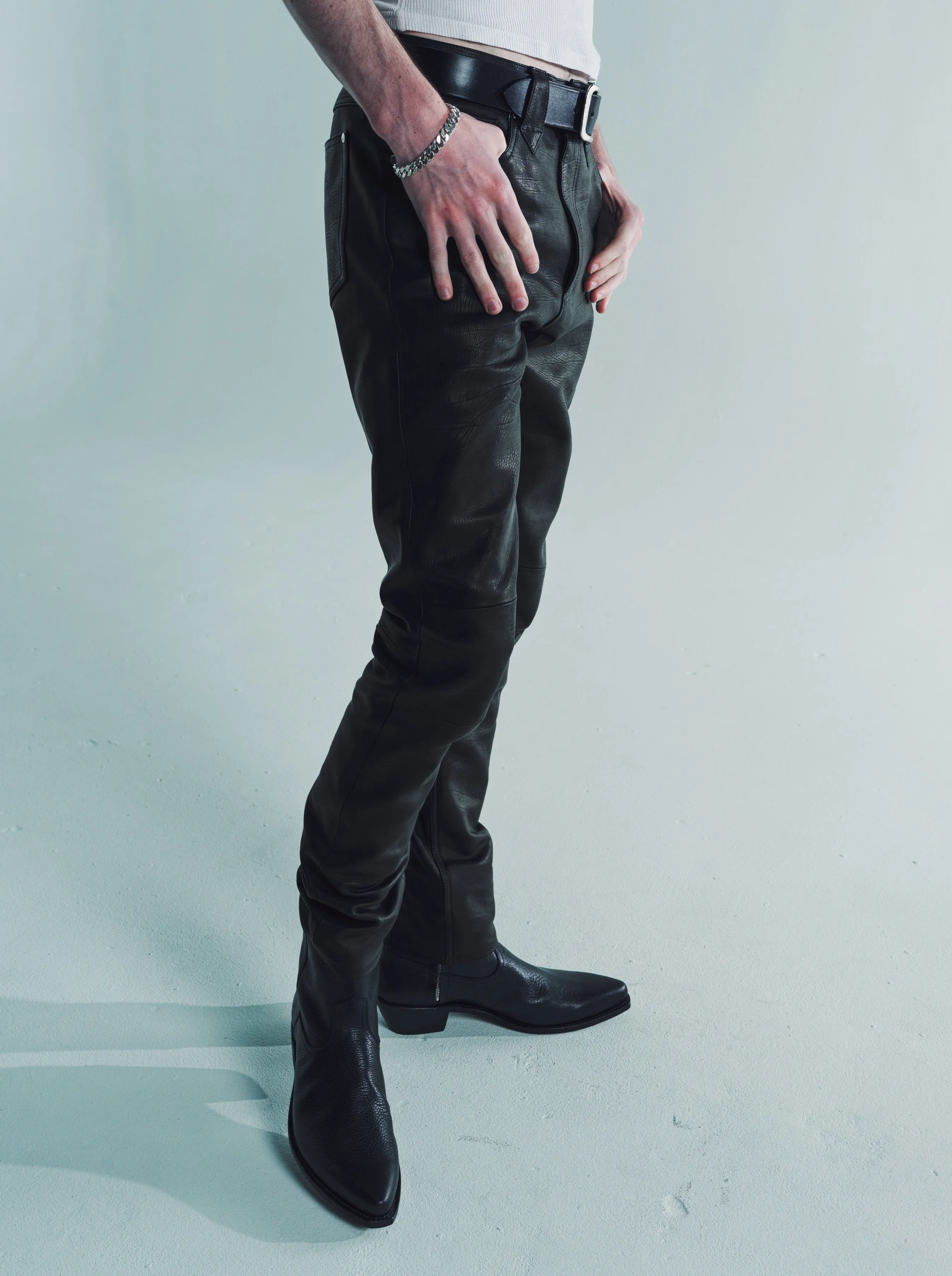 Black Baby Calf Leather 5 Pocket Tapered Pants