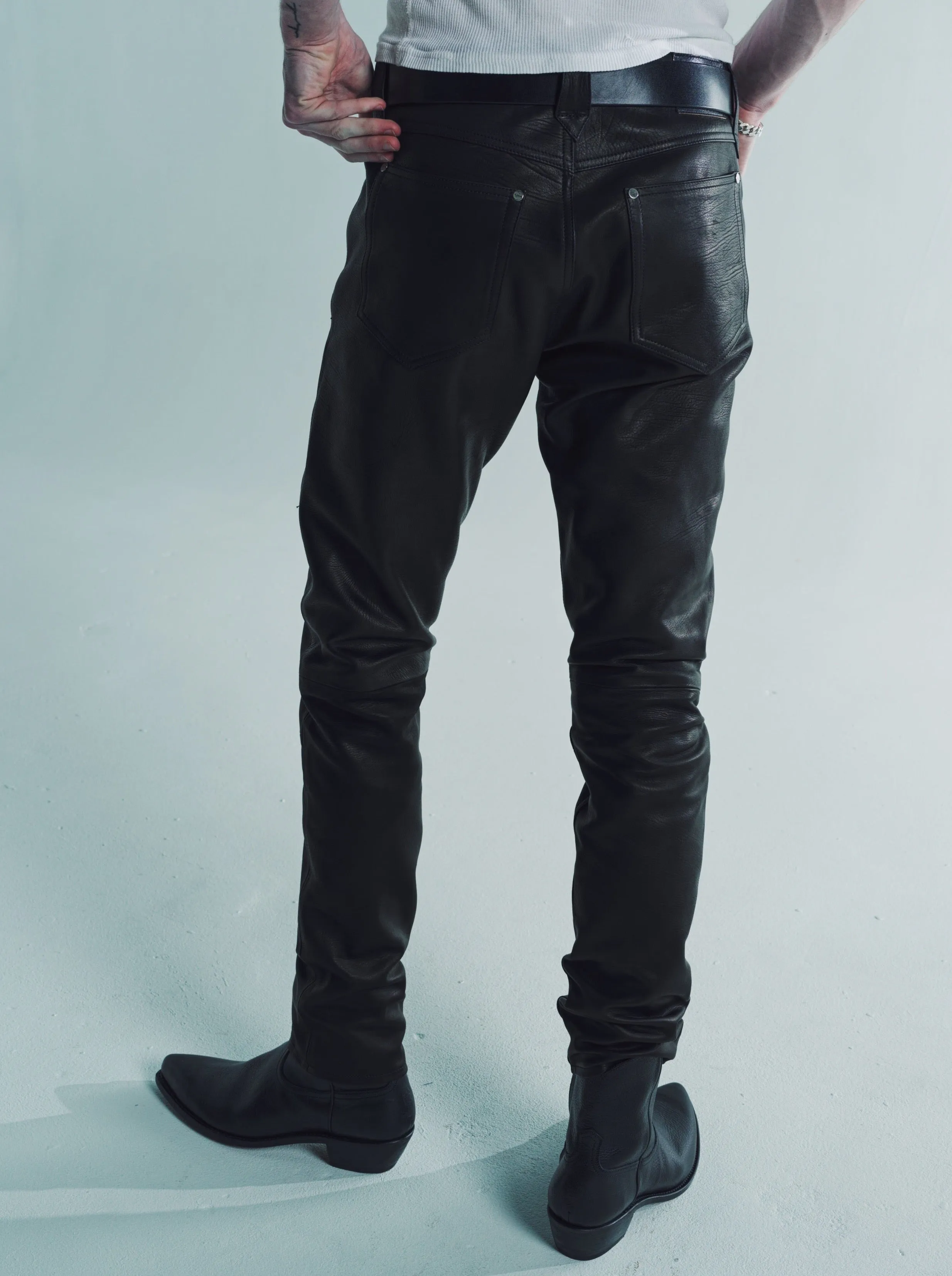 Black Baby Calf Leather 5 Pocket Tapered Pants