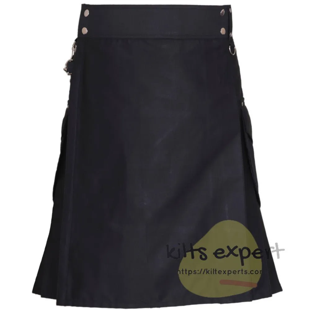 Black Cargo Utility Kilt With Two Large Stylish Kilt