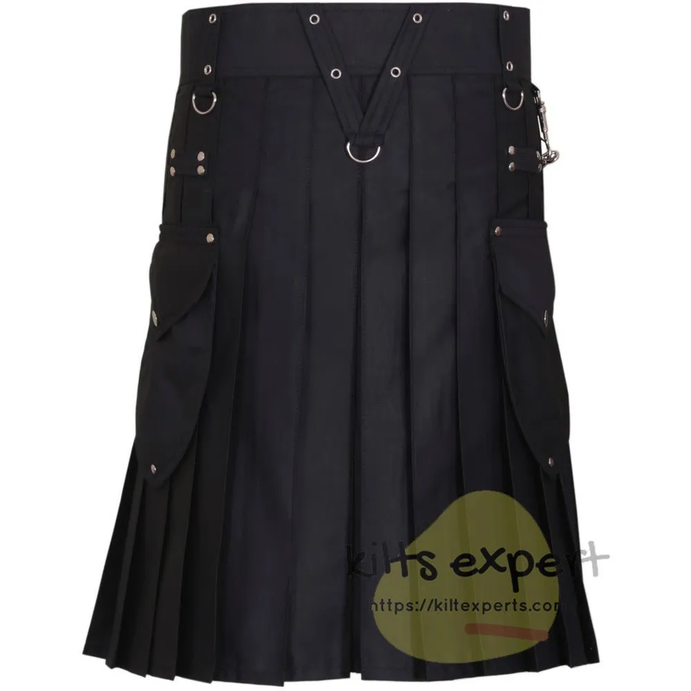 Black Cargo Utility Kilt With Two Large Stylish Kilt