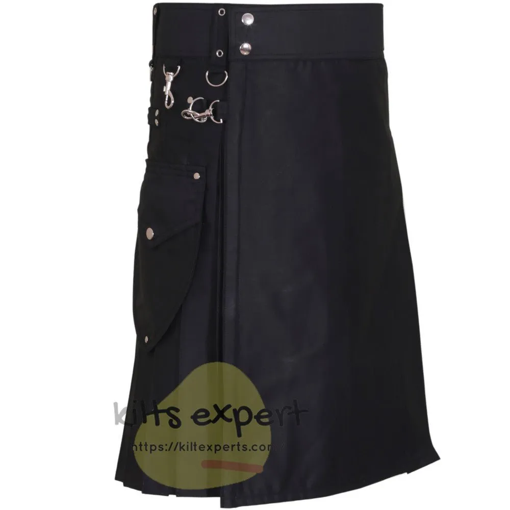 Black Cargo Utility Kilt With Two Large Stylish Kilt