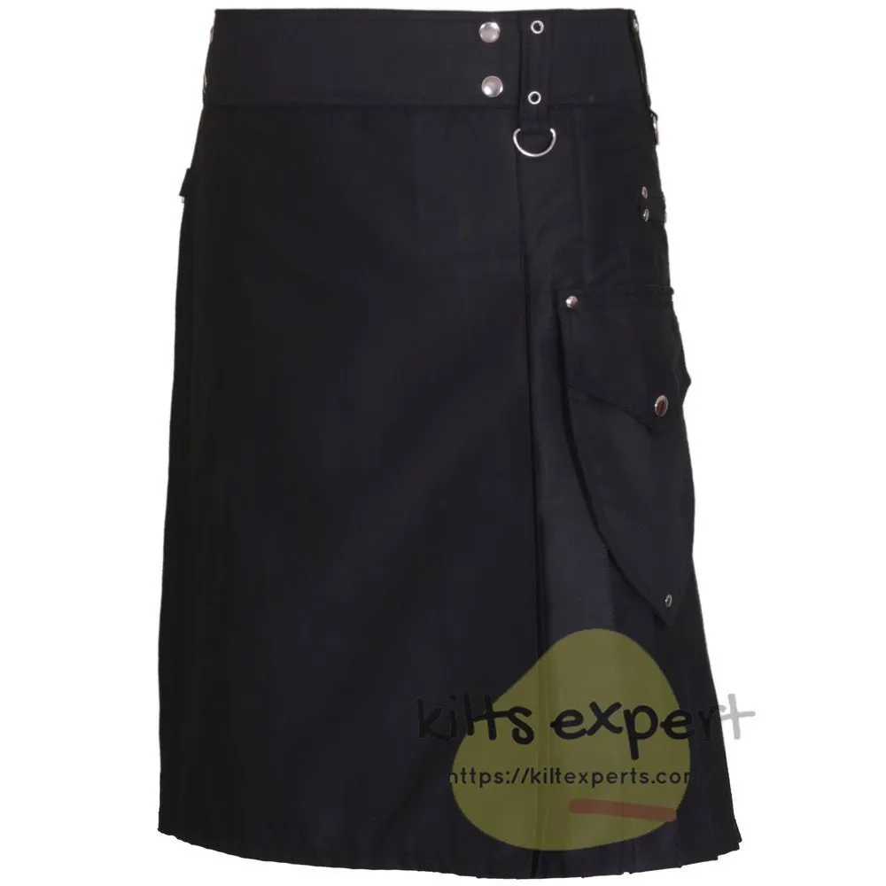 Black Cargo Utility Kilt With Two Large Stylish Kilt