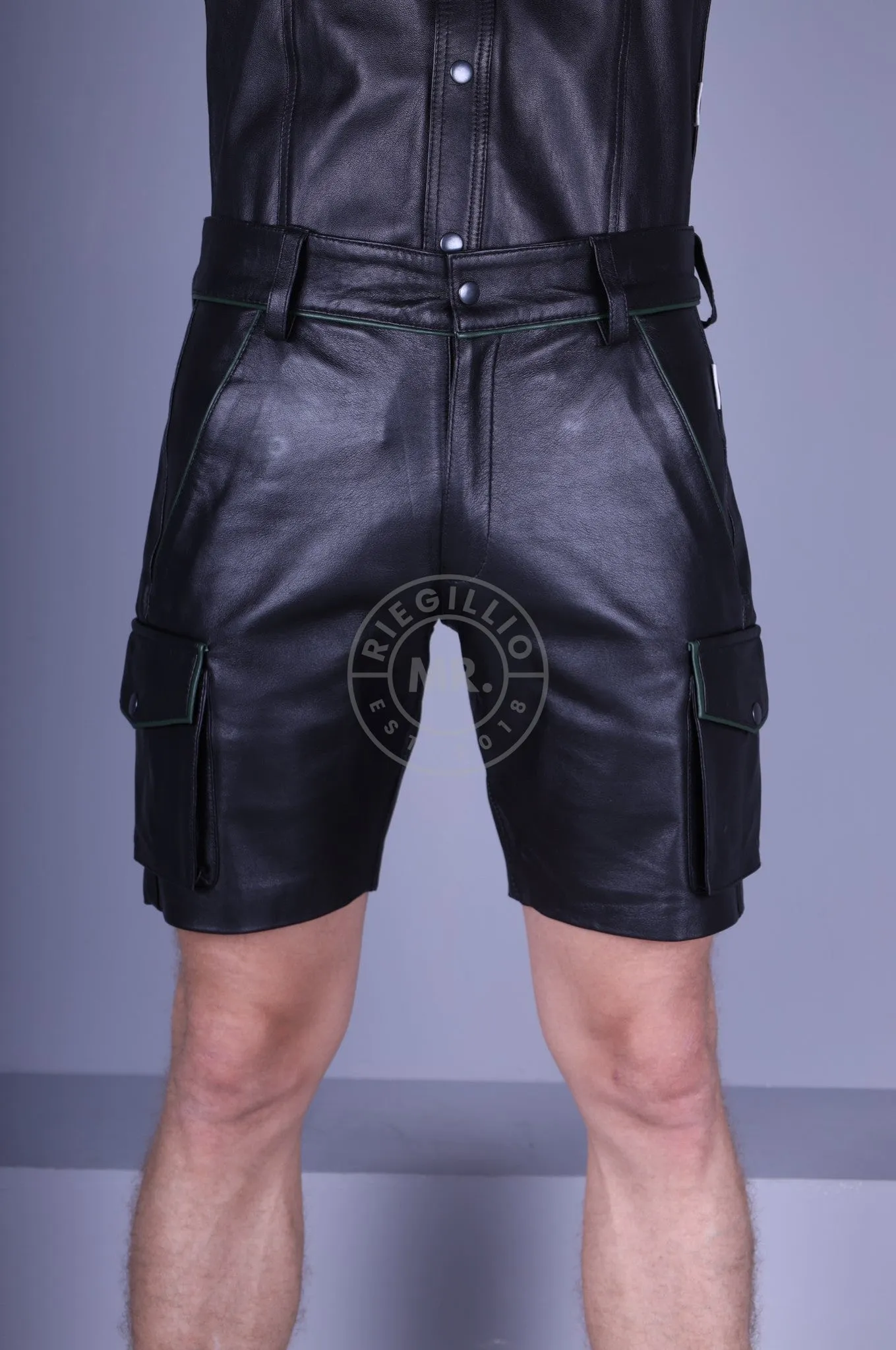 Black Leather Cargo Short - Dark Green Piping