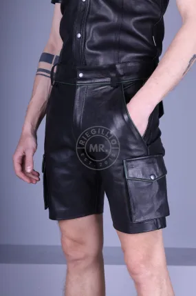 Black Leather Cargo Short - Dark Green Piping