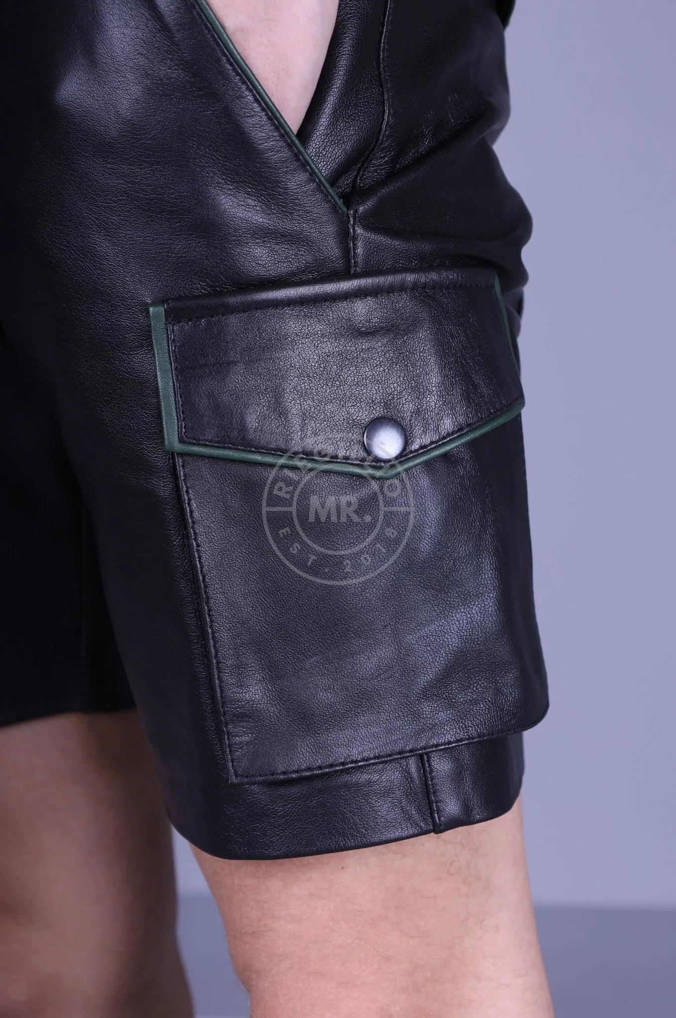 Black Leather Cargo Short - Dark Green Piping