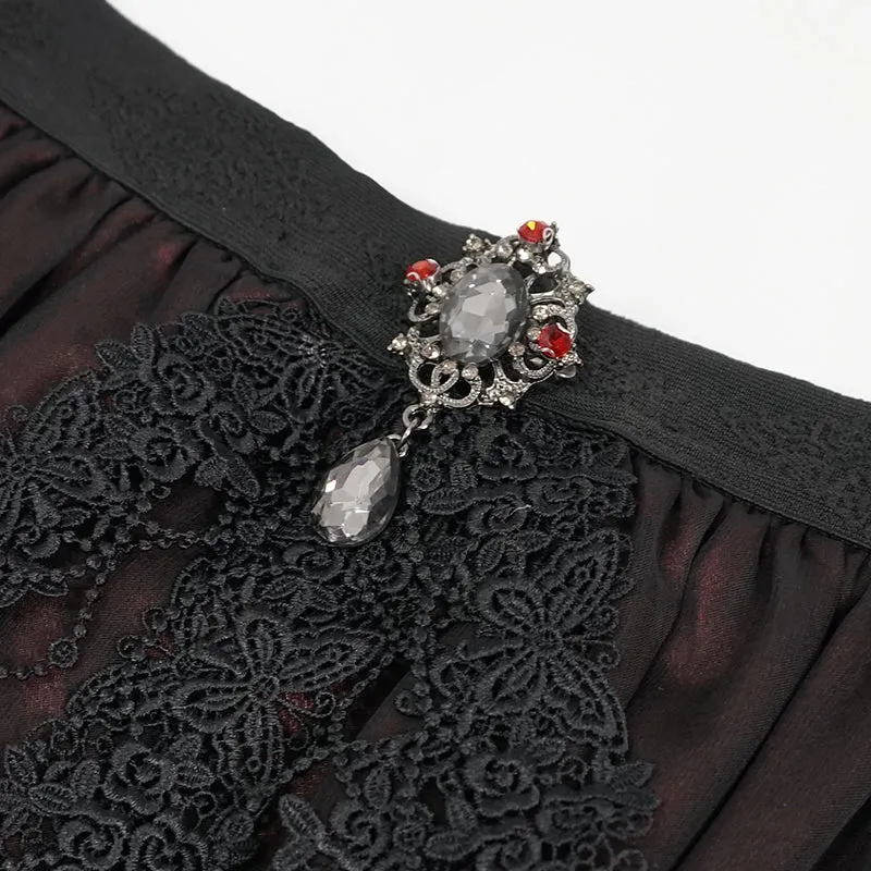 Black/Red A-line Long Skirt w/ Front Diamond Detail