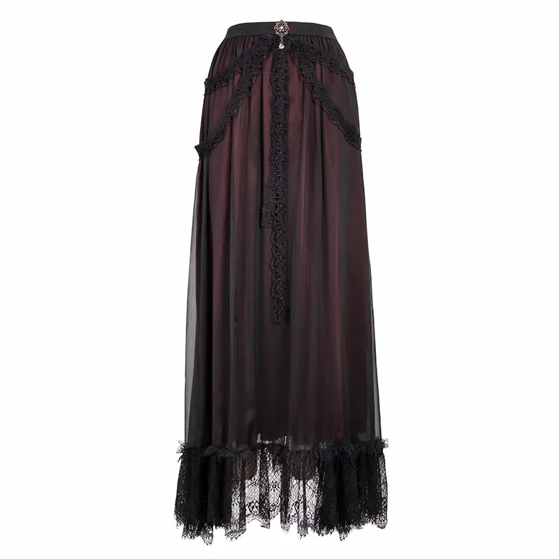 Black/Red A-line Long Skirt w/ Front Diamond Detail