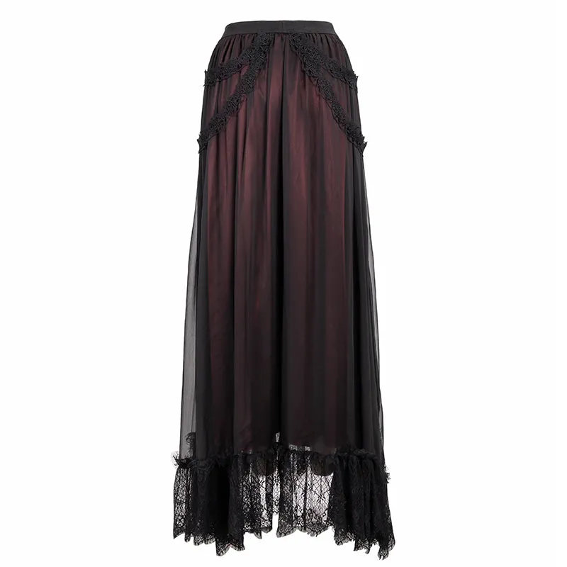 Black/Red A-line Long Skirt w/ Front Diamond Detail