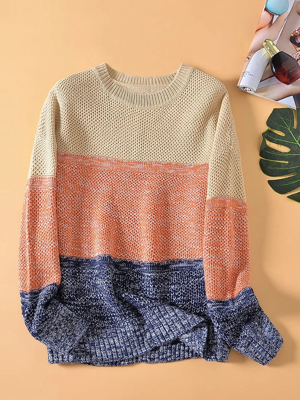 Blue Netted Texture Color Block Pullover Sweater