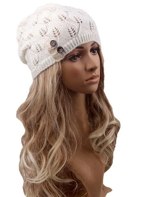 Boho Beanie Lace And Button White Stocking Cap Crochet Lace Wooden Button Slouch Hat One Size