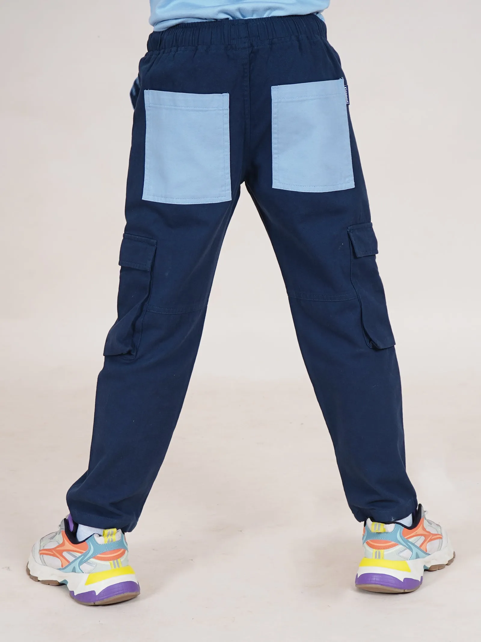 Boys Cotton Full Length Contrast Patch Pocket Cargo Pant With Elasticated Drawstring