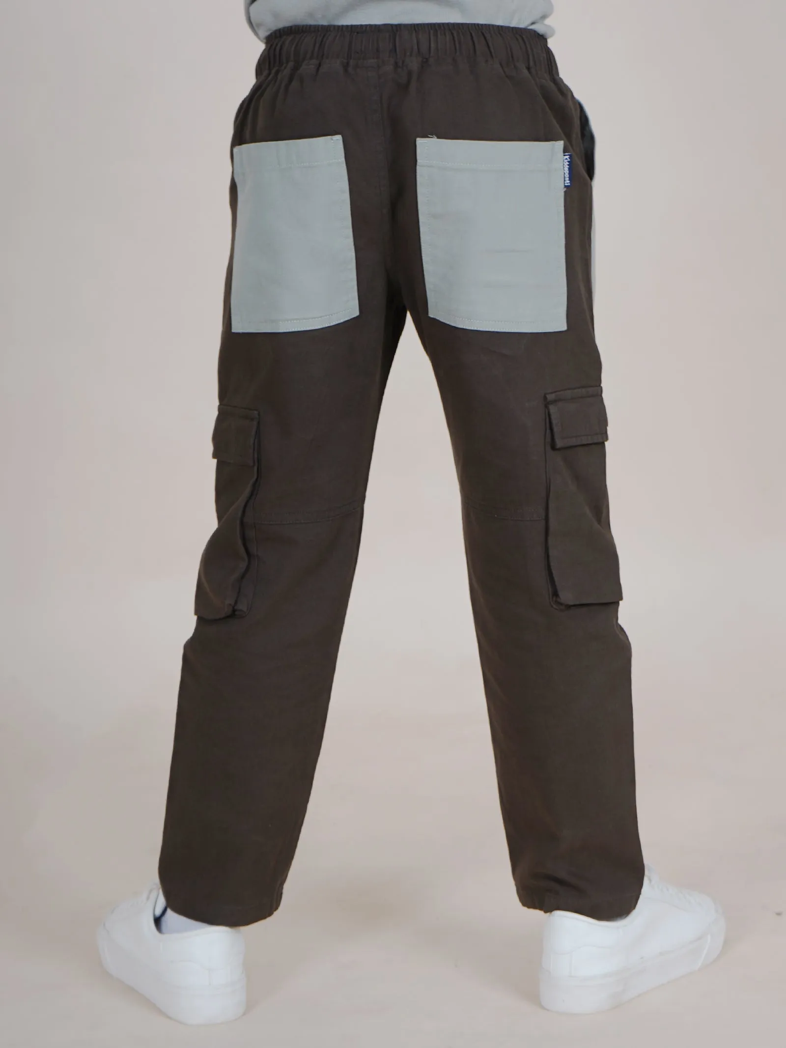 Boys Cotton Full Length Contrast Patch Pocket Cargo Pant With Elasticated Drawstring