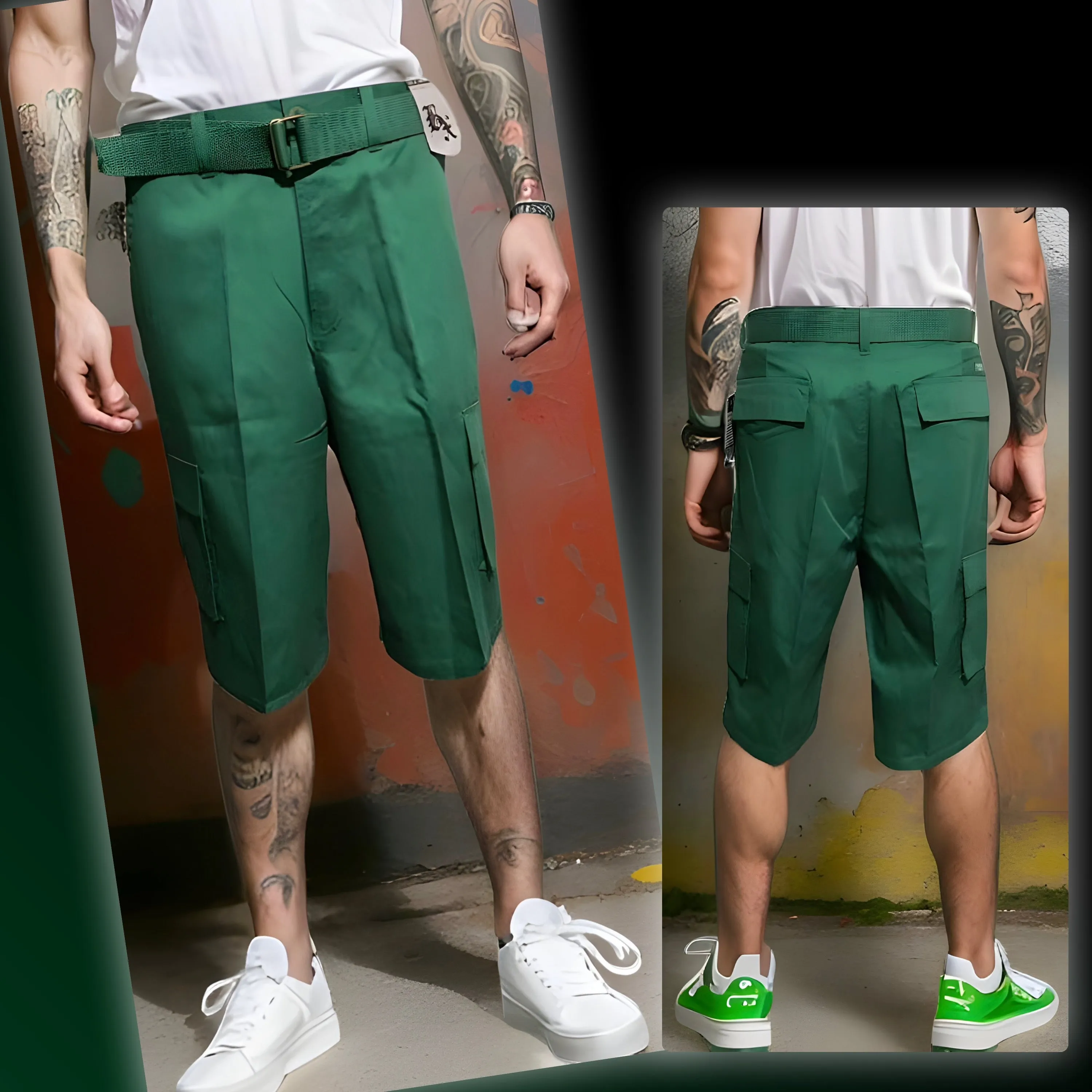 ^BROOKLYN XPRESS^ (GREEN) BELTED CARGO SHORTS FOR MEN