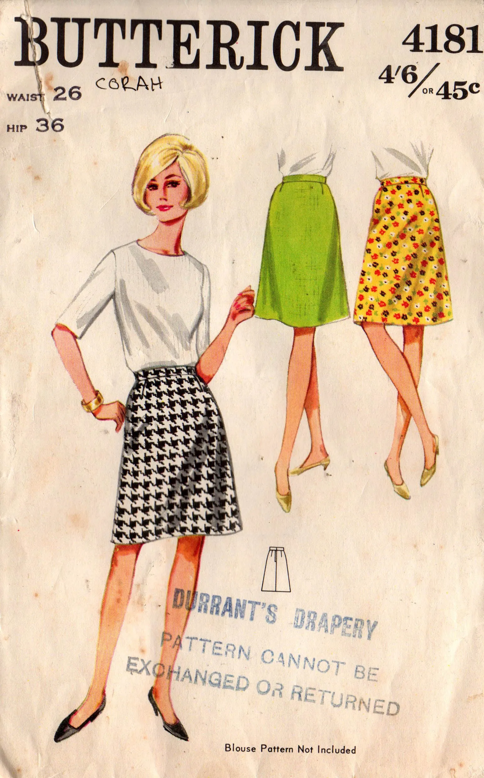 Butterick 4181 Womens A Line Skirt 1960s Vintage Sewing Pattern Waist 26 inches