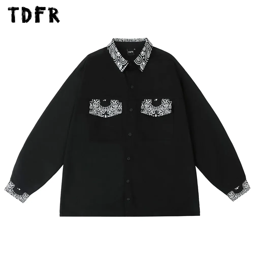 Cashew Flowers Letter Print Cargo Shirts - Casual Lapel Single Breasted