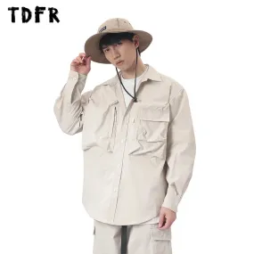 Casual Solid Color Safari Style Cargo Shirts with Curved Hem and Lapel