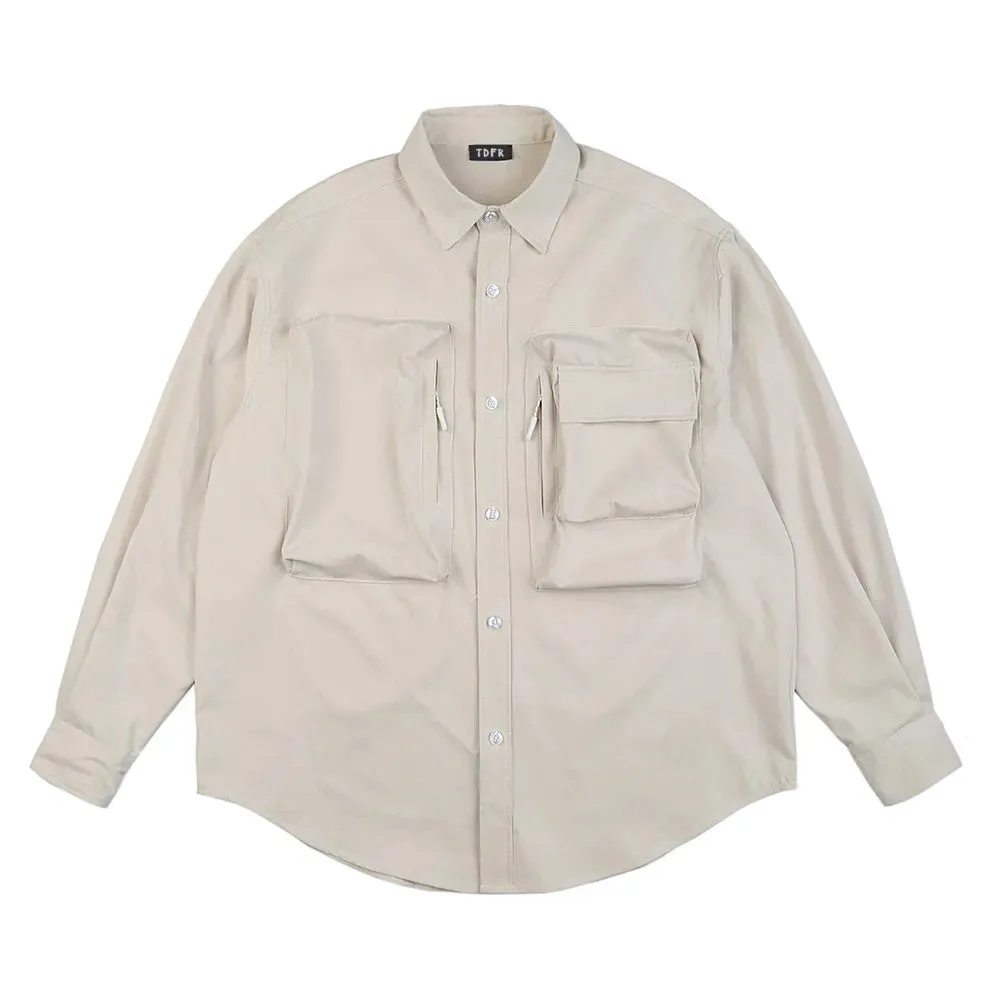 Casual Solid Color Safari Style Cargo Shirts with Curved Hem and Lapel