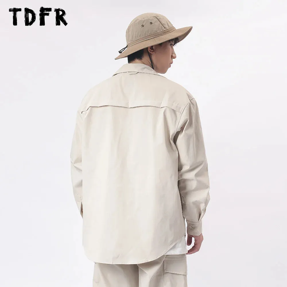 Casual Solid Color Safari Style Cargo Shirts with Curved Hem and Lapel