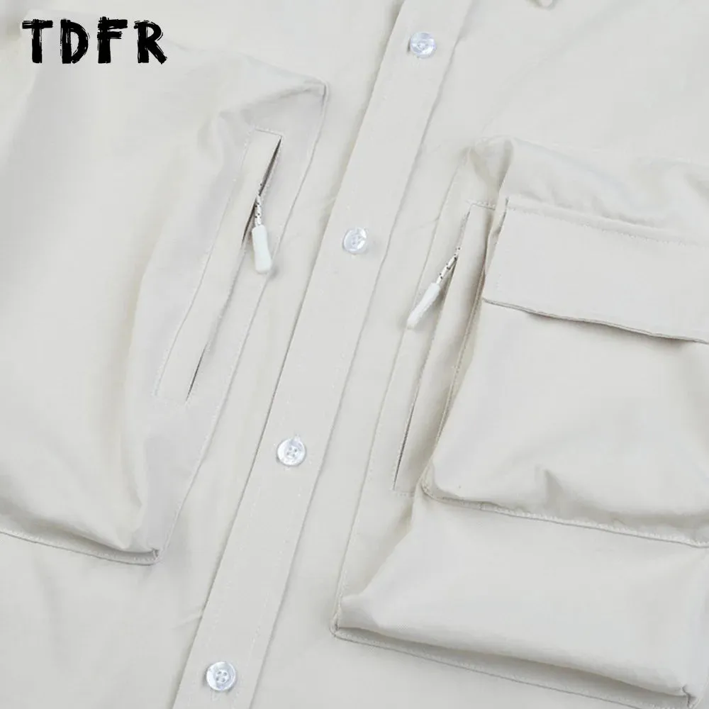 Casual Solid Color Safari Style Cargo Shirts with Curved Hem and Lapel