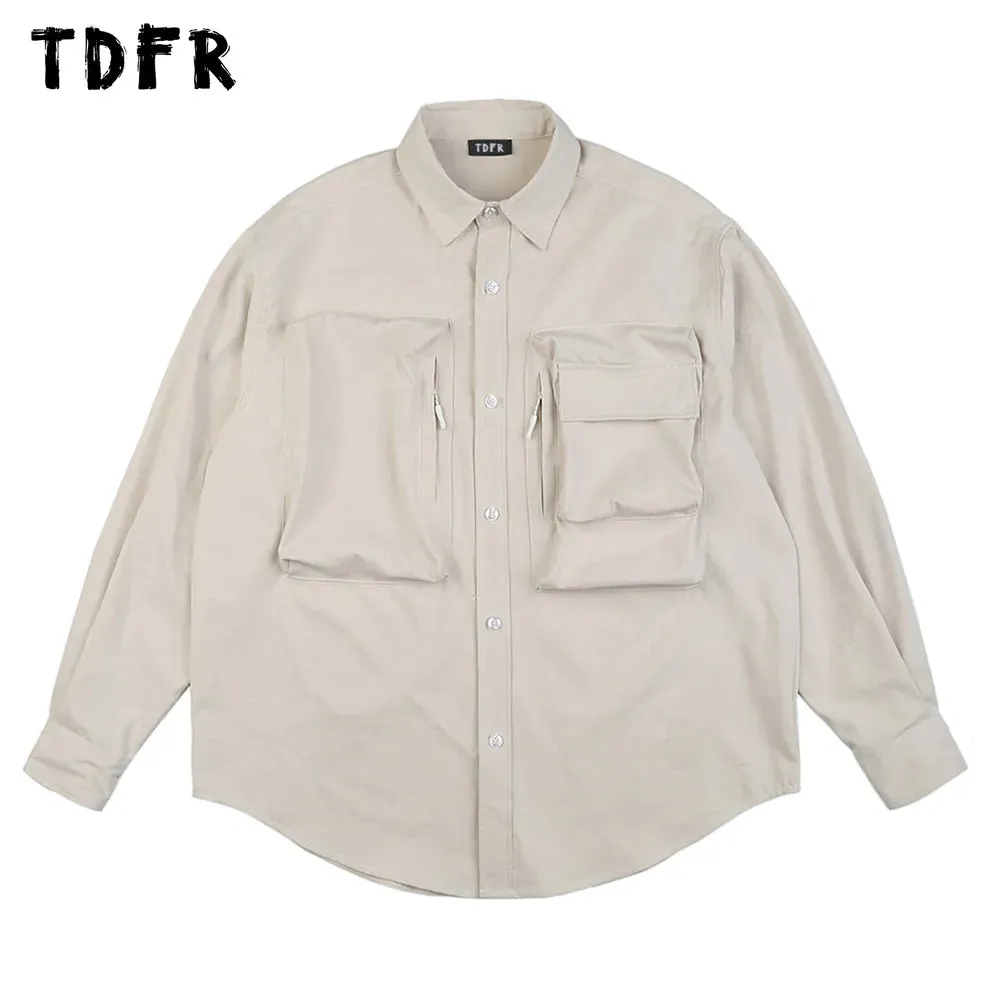 Casual Solid Color Safari Style Pocket Cargo Shirts with Curved Hem