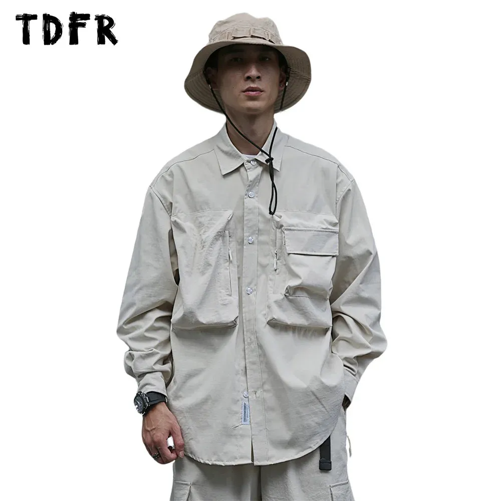 Casual Solid Color Safari Style Pocket Cargo Shirts with Curved Hem