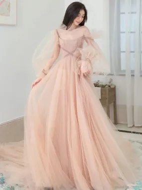 Champagne Aline Tulle Long Prom Dresses, Long Formal Graduation Dresses