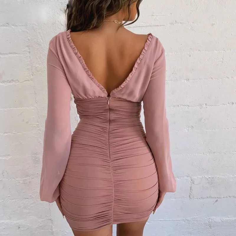 Chiffon Elastic Long Sleeve V- Neck  Women Bodycon Mini Dress