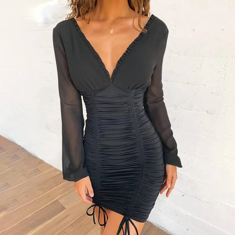 Chiffon Elastic Long Sleeve V- Neck  Women Bodycon Mini Dress