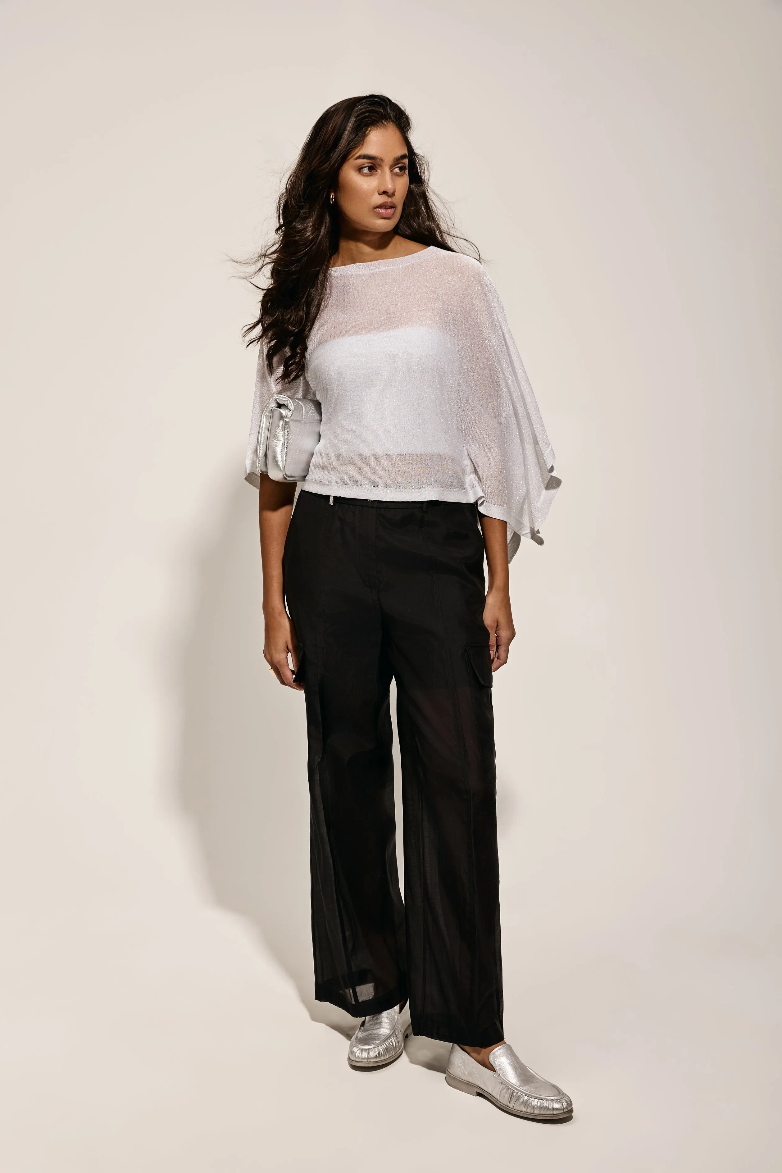 Cotton Silk Organza Cargo Pant in Black