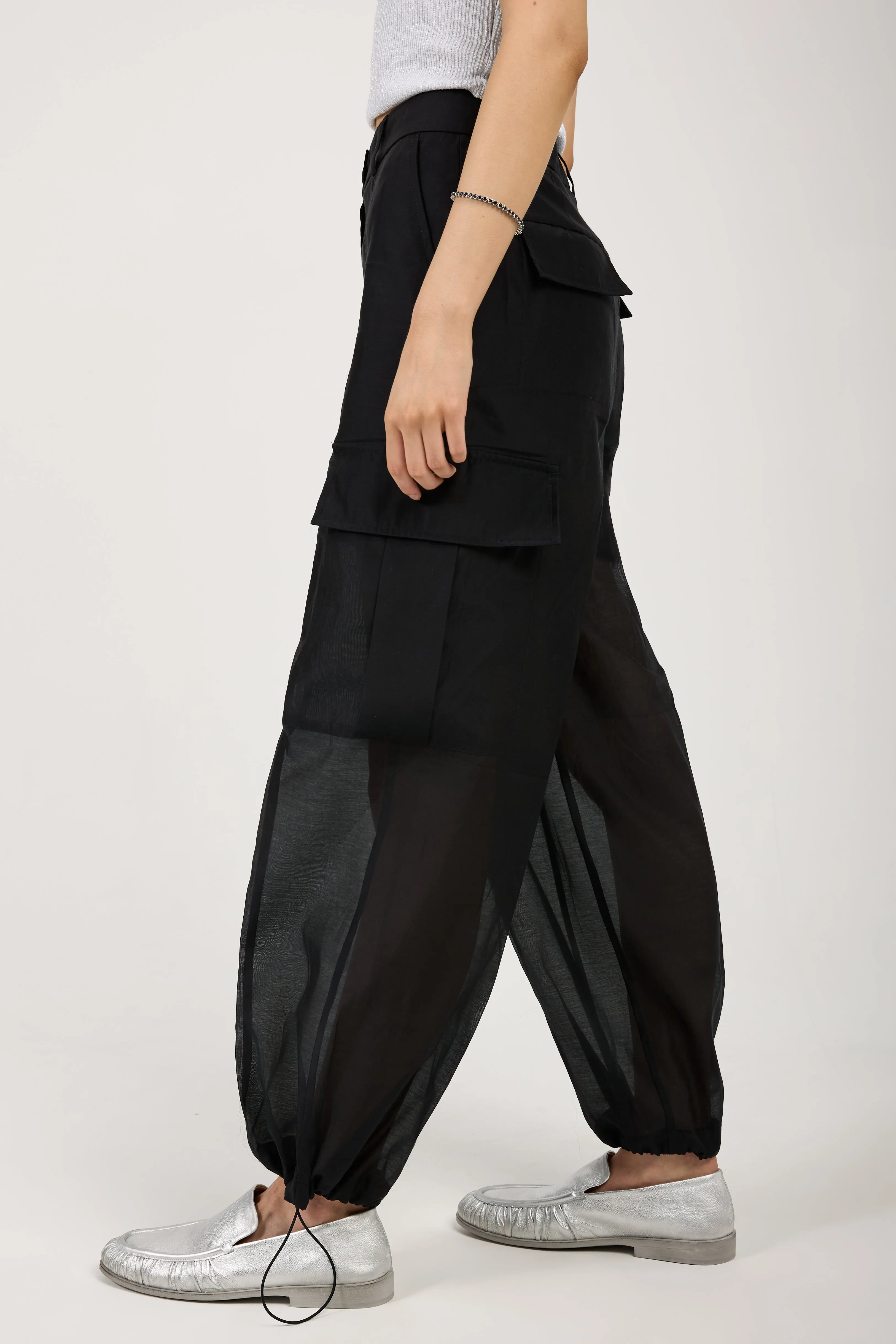 Cotton Silk Organza Cargo Pant in Black