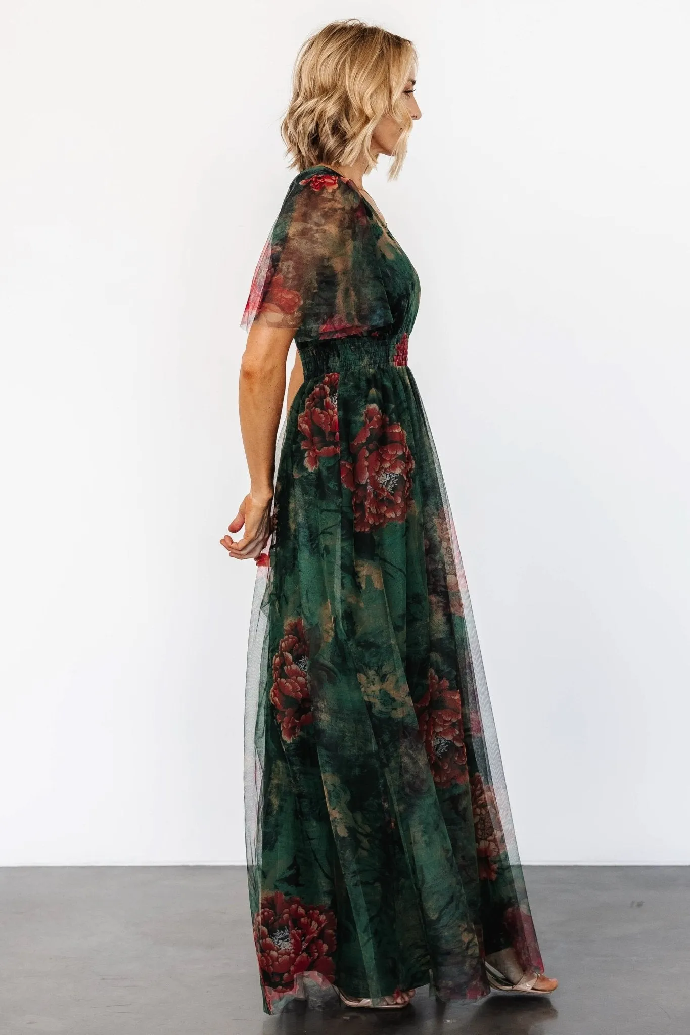 Cressida Tulle Maxi Dress | Dark Green   Red Floral