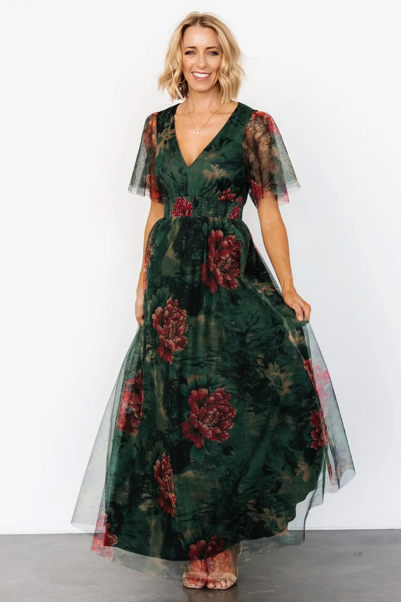 Cressida Tulle Maxi Dress | Dark Green   Red Floral