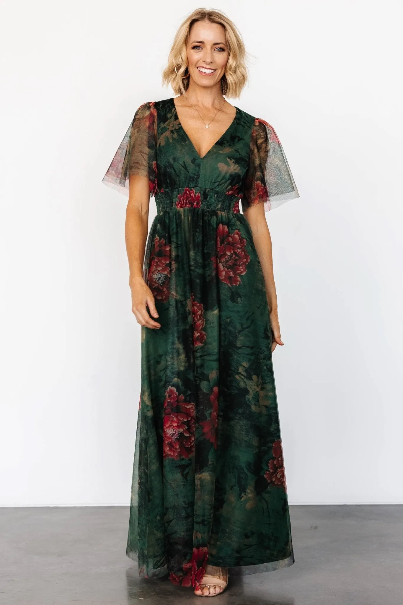 Cressida Tulle Maxi Dress | Dark Green   Red Floral