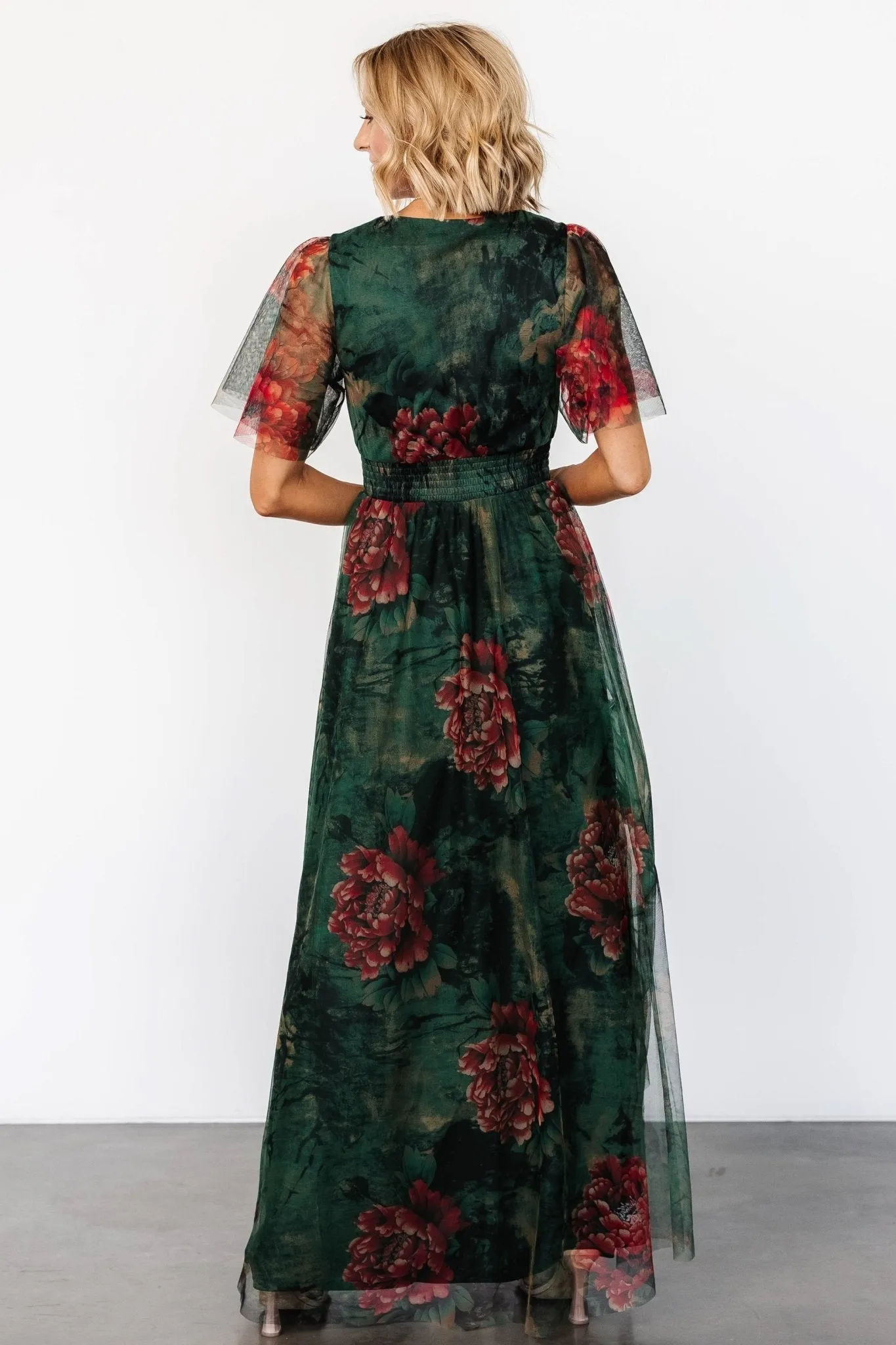 Cressida Tulle Maxi Dress | Dark Green   Red Floral