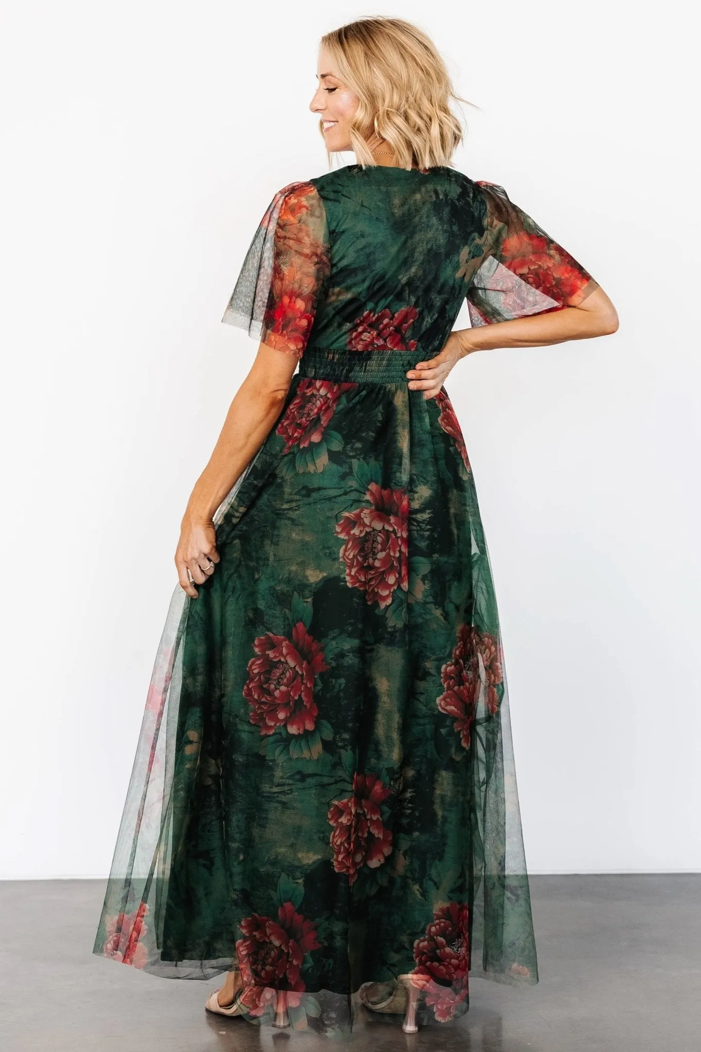 Cressida Tulle Maxi Dress | Dark Green   Red Floral