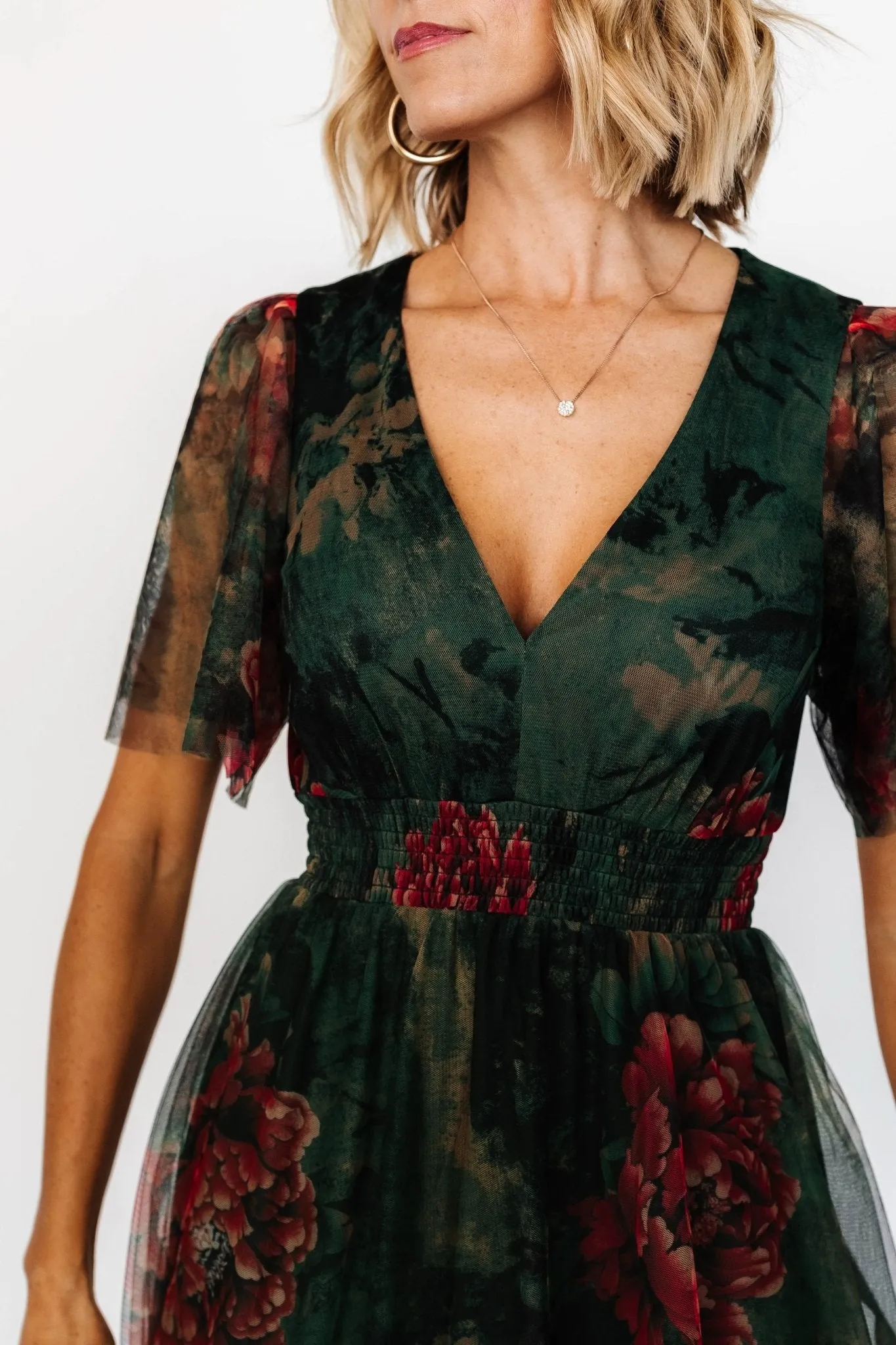 Cressida Tulle Maxi Dress | Dark Green   Red Floral