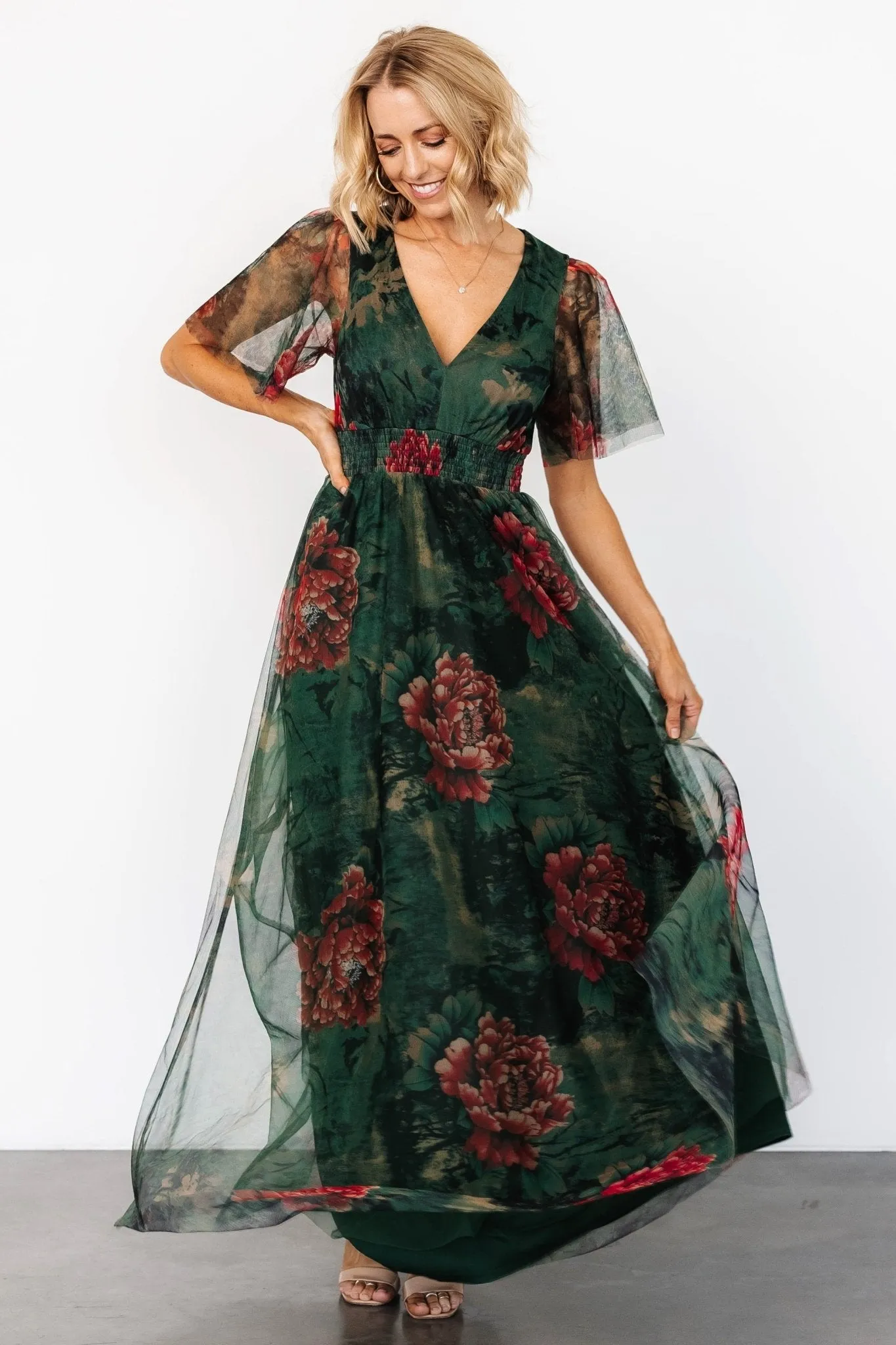 Cressida Tulle Maxi Dress | Dark Green   Red Floral