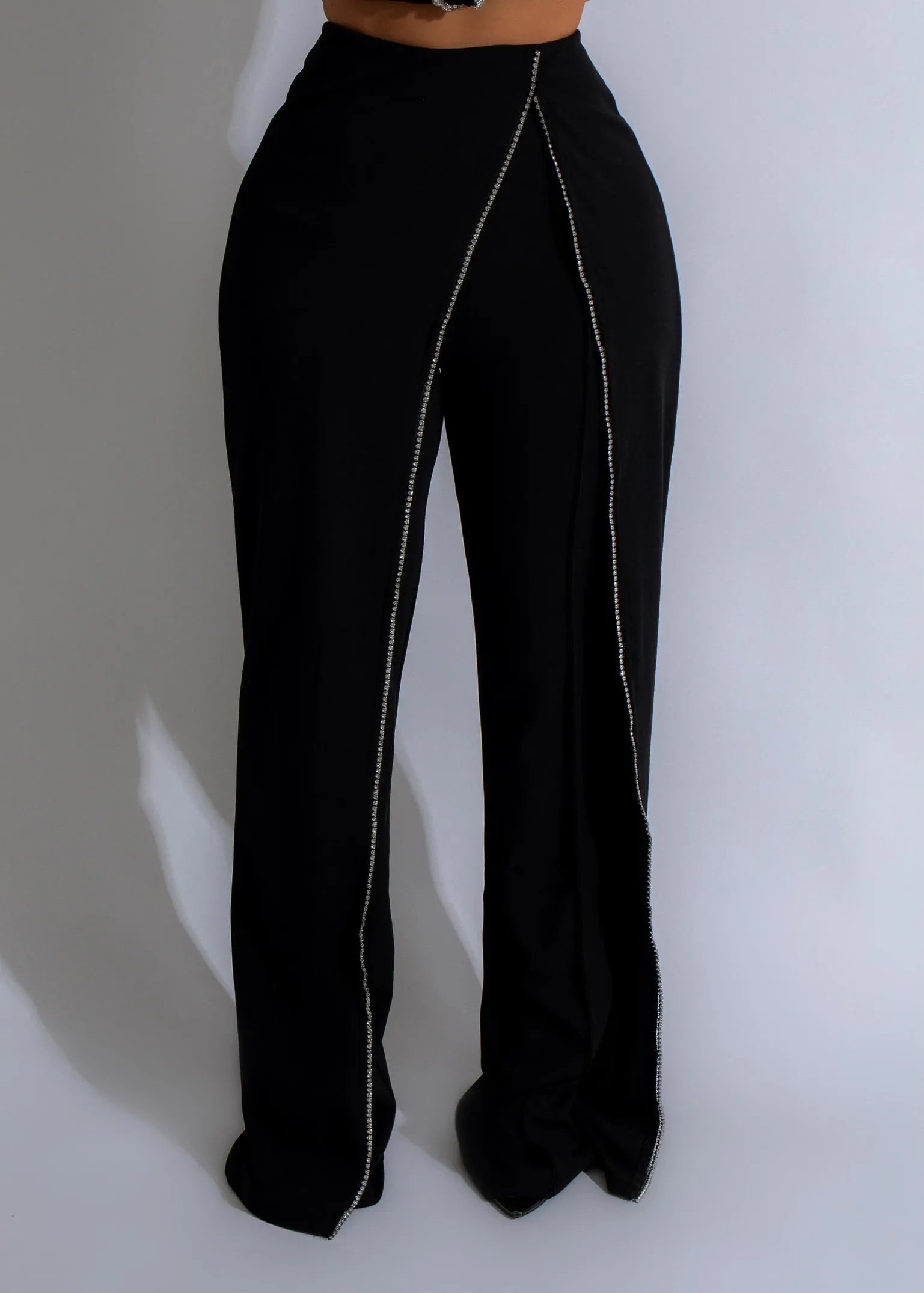 Crystal Drape Rhinestones Pants Black