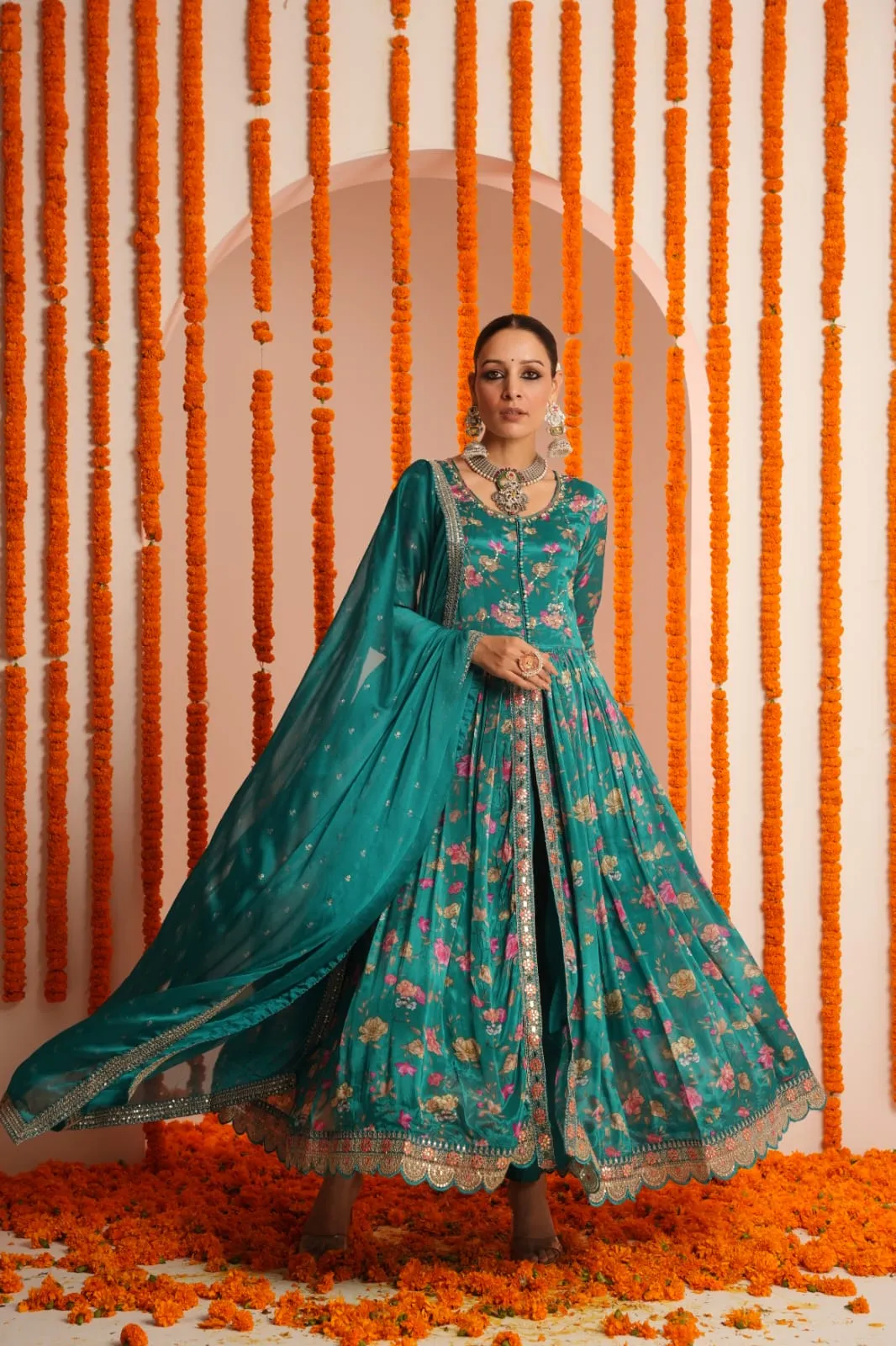 Dark Teal Floral Printed Chinon Silk Anarkali Set