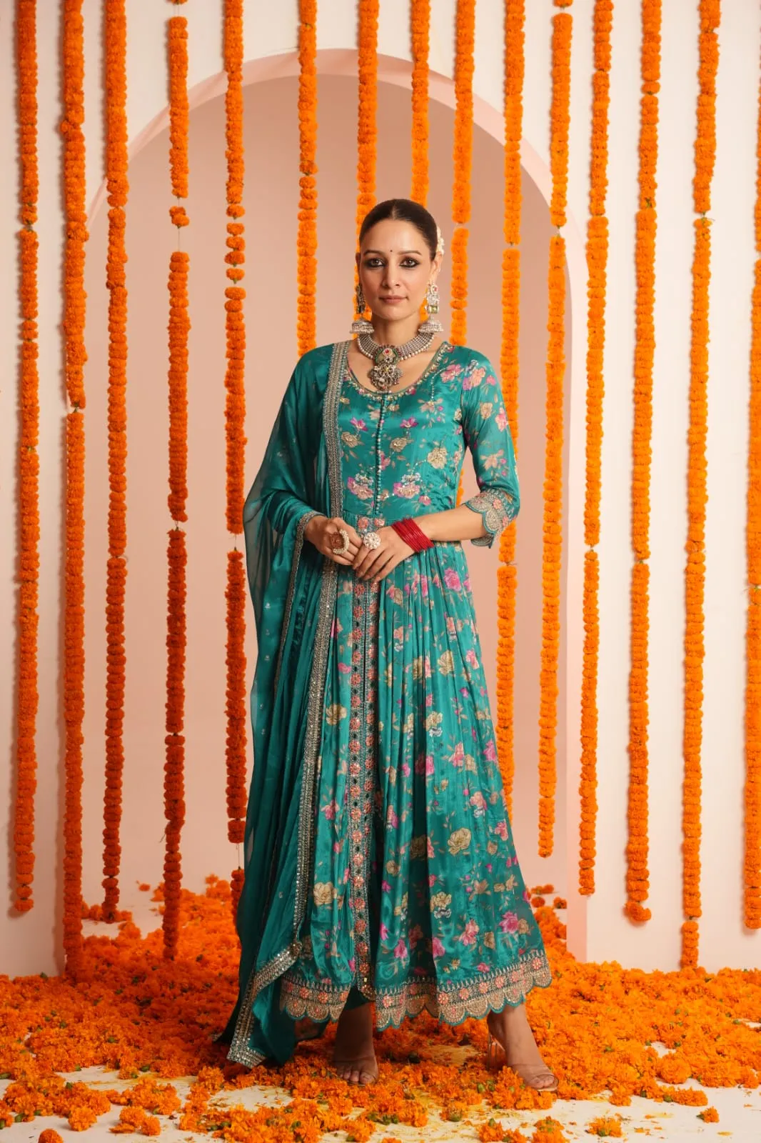 Dark Teal Floral Printed Chinon Silk Anarkali Set