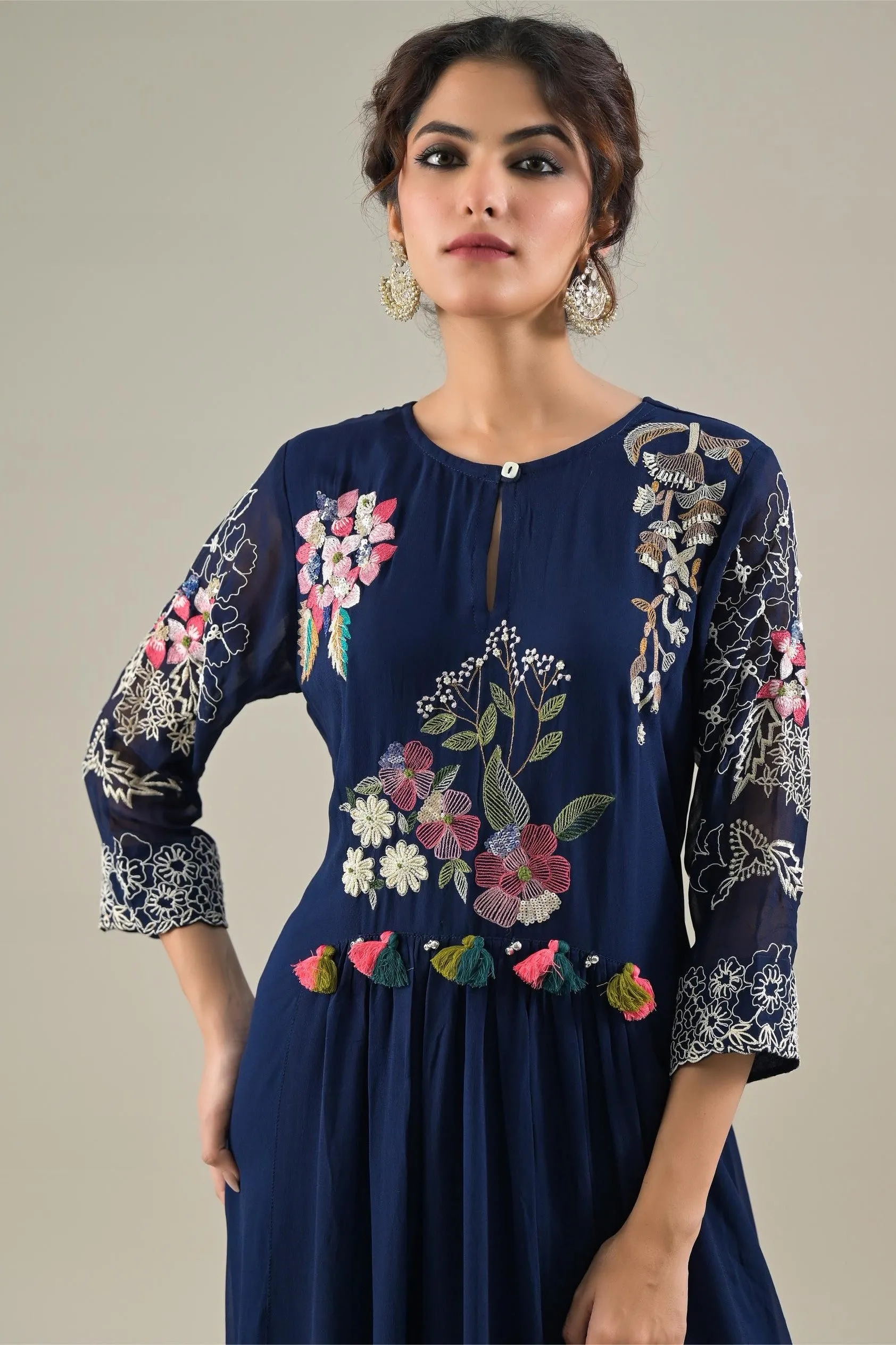 Deep Blue Embroidered Georgette Silk Kurta & Pants Set