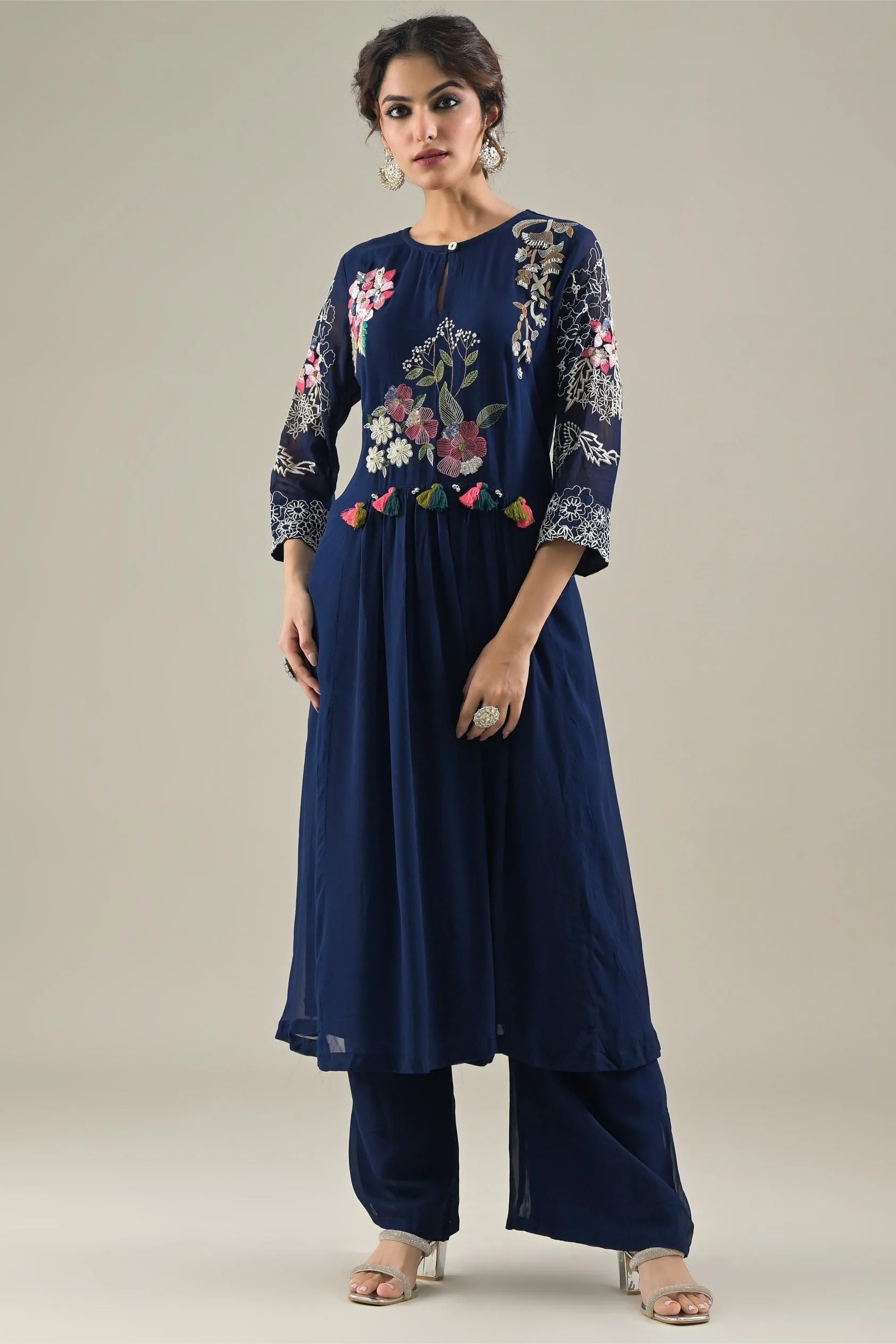 Deep Blue Embroidered Georgette Silk Kurta & Pants Set