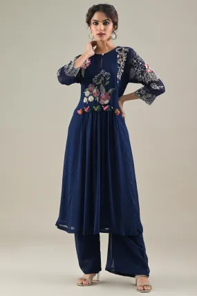 Deep Blue Embroidered Georgette Silk Kurta & Pants Set