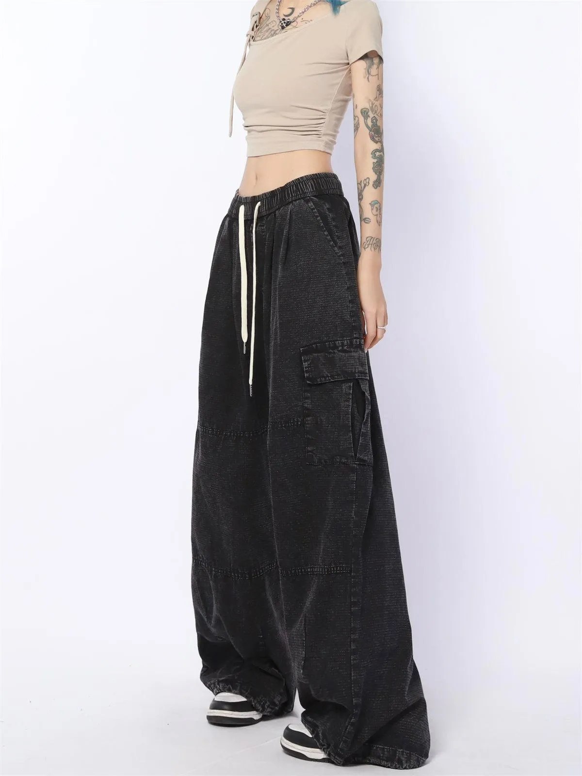 Drawstring Line Textured Wide Cargo Pants