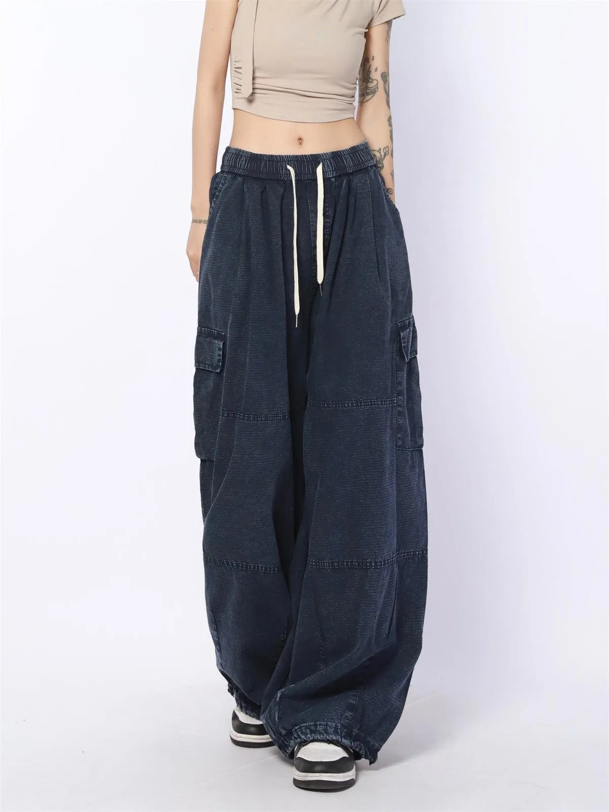 Drawstring Line Textured Wide Cargo Pants